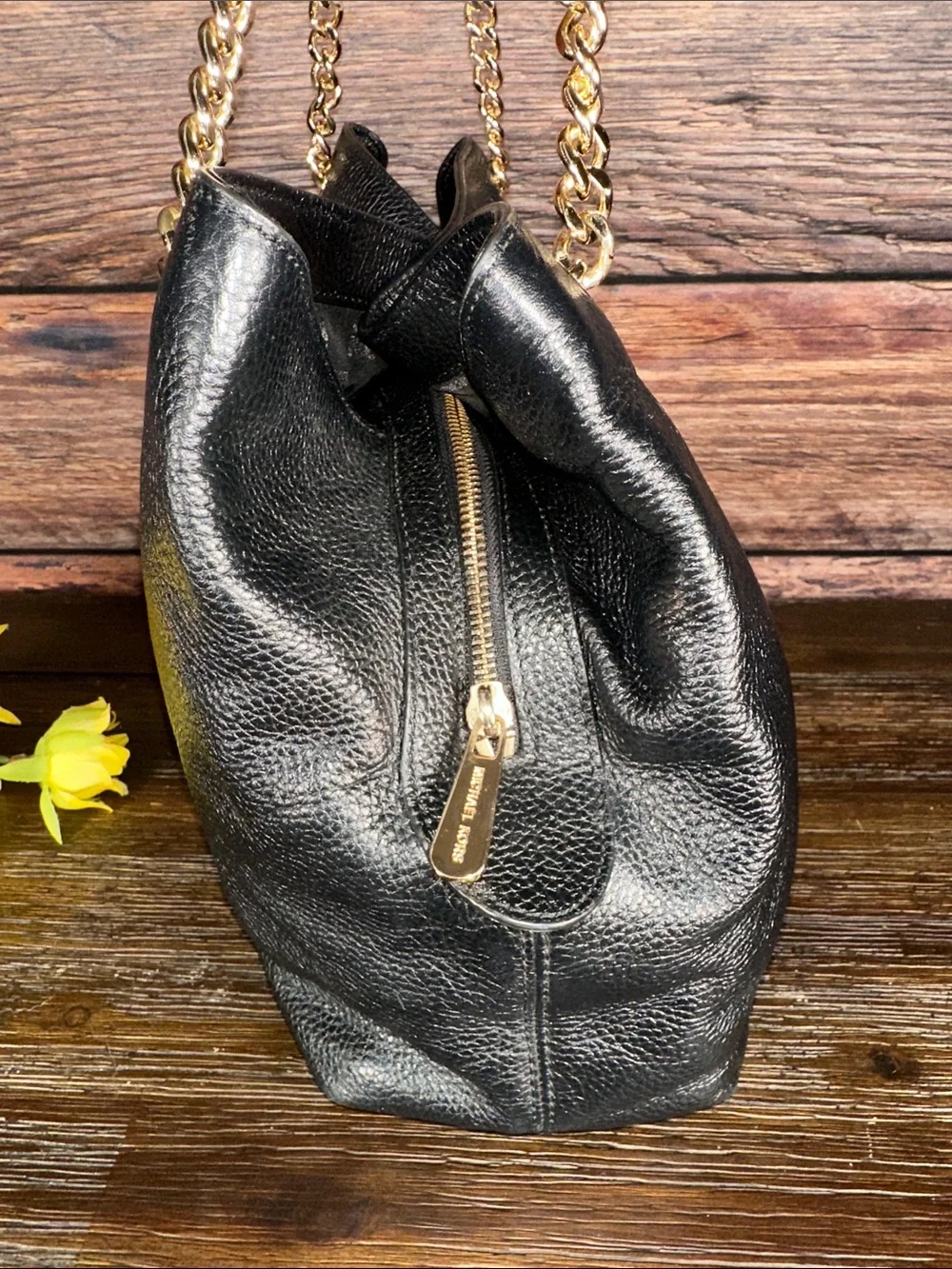 Michael Kors Black Leather 3 Compartment Shoulder Bag with Gold Chain Straps